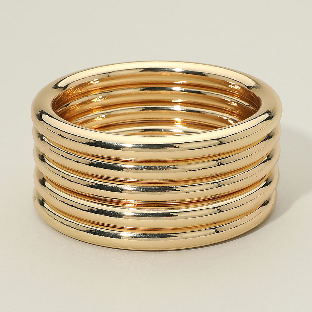 5pcs Minimalist Polished Metal Stackable Bangle Bracelet Set – Sleek Multi-Layer Gold Tone Stackable Bracelets for Women
