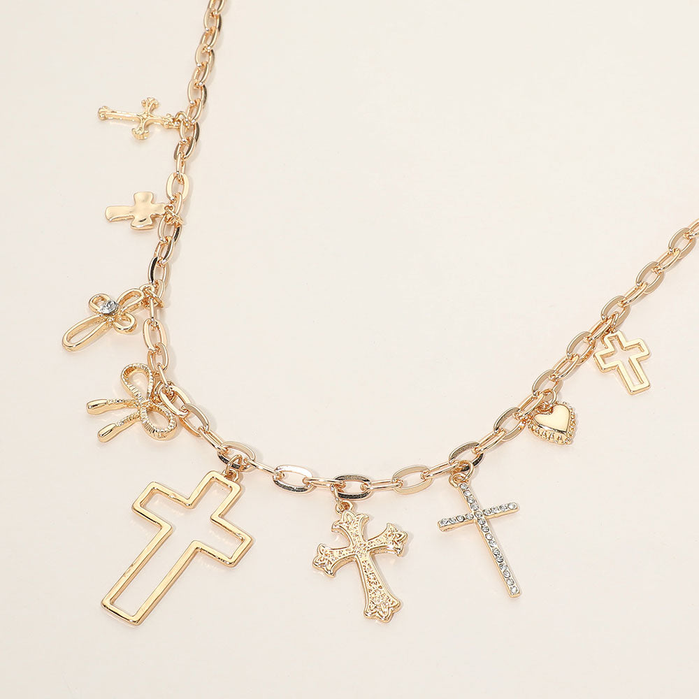 Cross Bow Heart Charm Station Necklace – Trendy Layered Charm Necklace with Mixed Religious & Romantic Symbols for Women