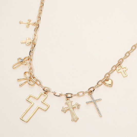 Cross Bow Heart Charm Station Necklace – Trendy Layered Charm Necklace with Mixed Religious & Romantic Symbols for Women