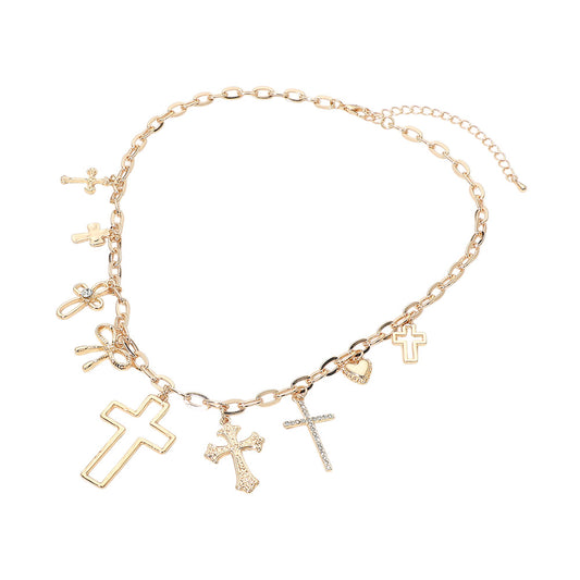 Gold Cross Bow Heart Charm Station Necklace – 17" Chain with Mixed Symbol Charms