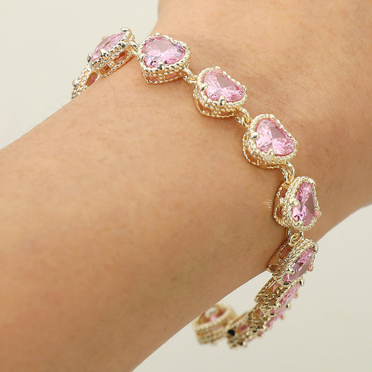 14K Gold Plated CZ Heart Stone Cluster Link Toggle Bracelet – Elegant Heart Charm Statement Bracelet for Women