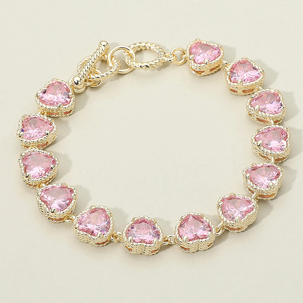 14K Gold Plated CZ Heart Stone Cluster Link Toggle Bracelet – Elegant Heart Charm Statement Bracelet for Women