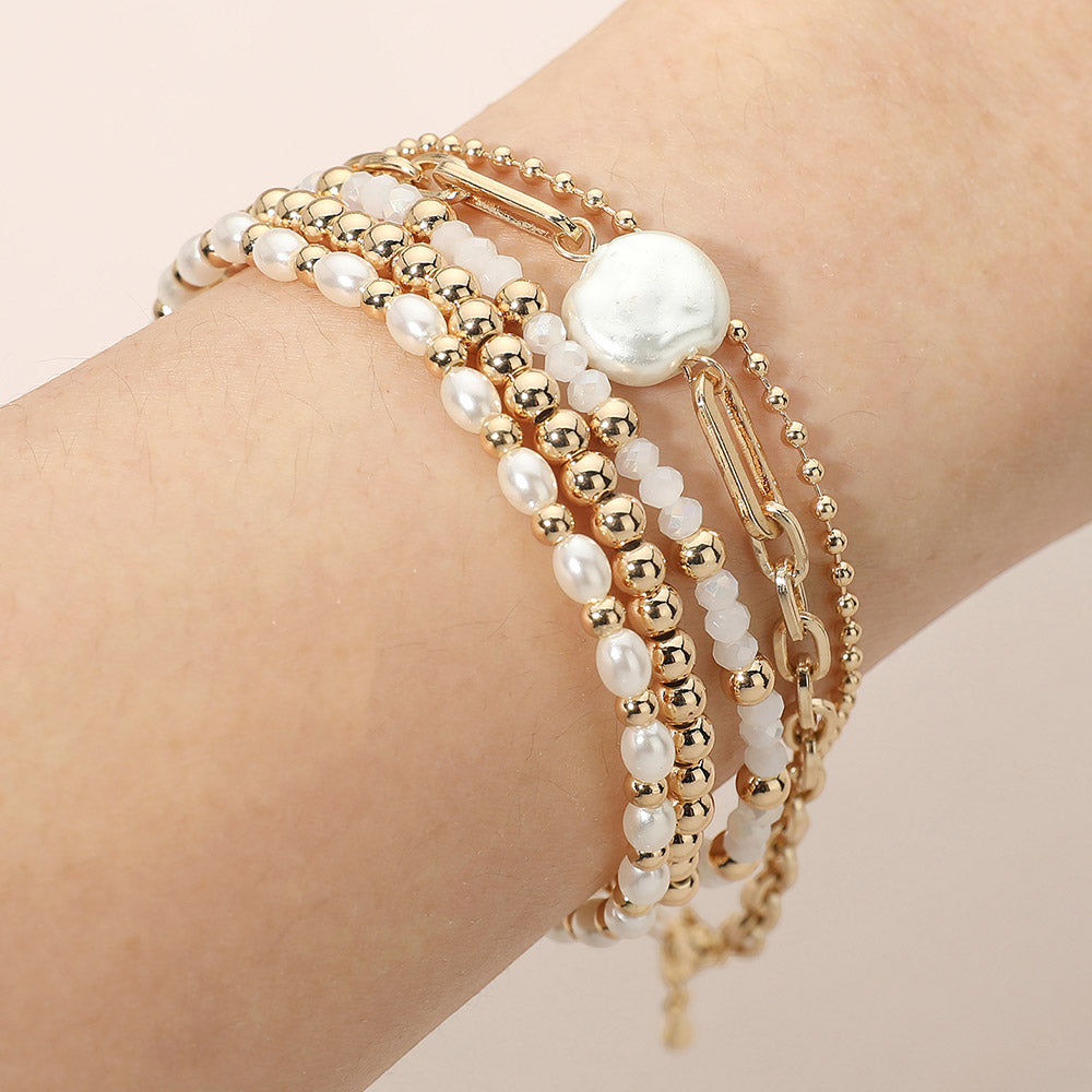 5pcs Pearl Disc Accent Link Chain Metal Ball Beaded Stretch Multi-Layered Bracelets – Stackable Pearl Bracelet Set for Women