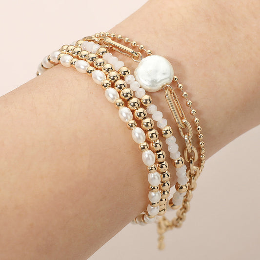 5pcs Pearl Disc Accent Link Chain Metal Ball Beaded Stretch Multi-Layered Bracelets – Stackable Pearl Bracelet Set for Women