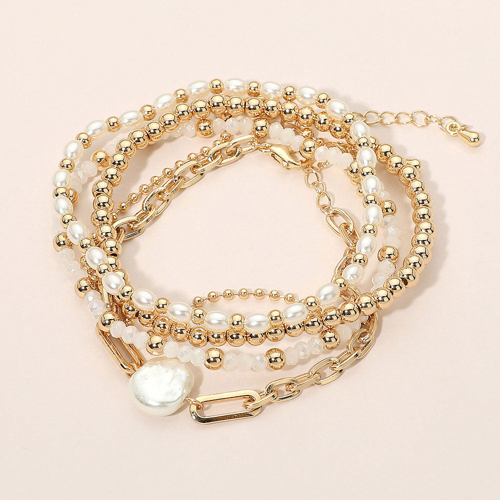 5pcs Pearl Disc Accent Link Chain Metal Ball Beaded Stretch Multi-Layered Bracelets – Stackable Pearl Bracelet Set for Women