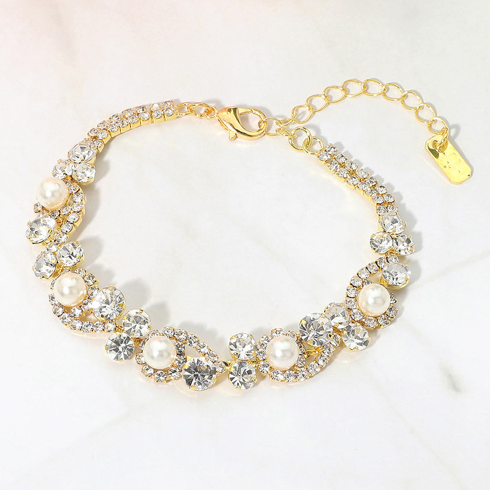 Pearl Crystal Vine Evening Bracelet – Elegant Stretch Rhinestone Pearl Statement Bracelet for Women