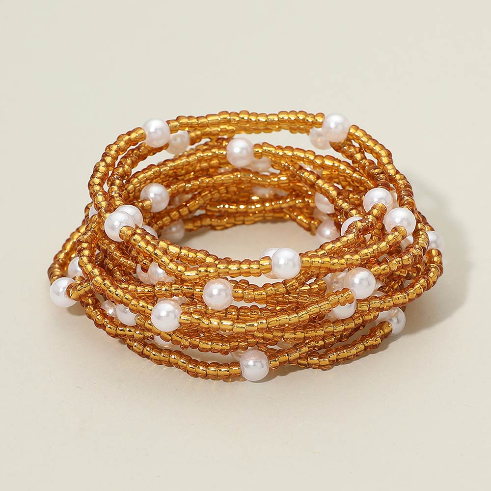 12pcs Pearl Accent Seed Beaded Stretch Multi-Layered Bracelets – Stackable Elegant Pearl Bracelet Set for Women