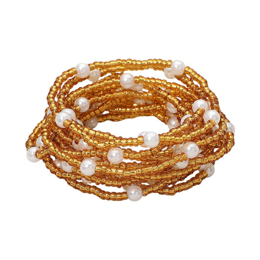 12pcs Pearl Accent Seed Beaded Stretch Multi-Layered Bracelets – Stackable Elegant Pearl Bracelet Set for Women