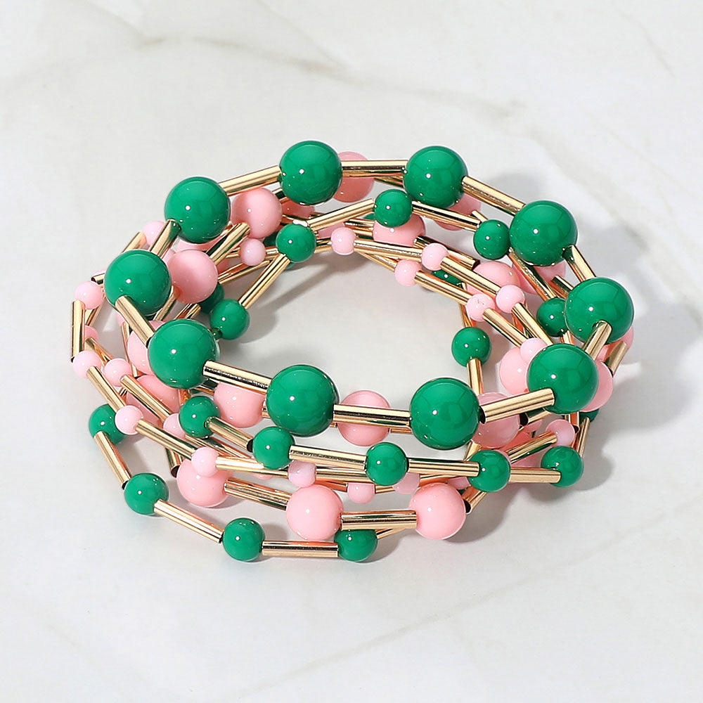 7pcs Resin Ball Metal Bar Beaded Stretch Stackable Multi-Layered Bracelets – Trendy Mixed Bead Bracelet Set for Women
