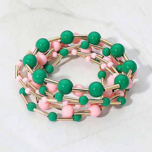 7pcs Resin Ball Metal Bar Beaded Stretch Stackable Multi-Layered Bracelets – Trendy Mixed Bead Bracelet Set for Women