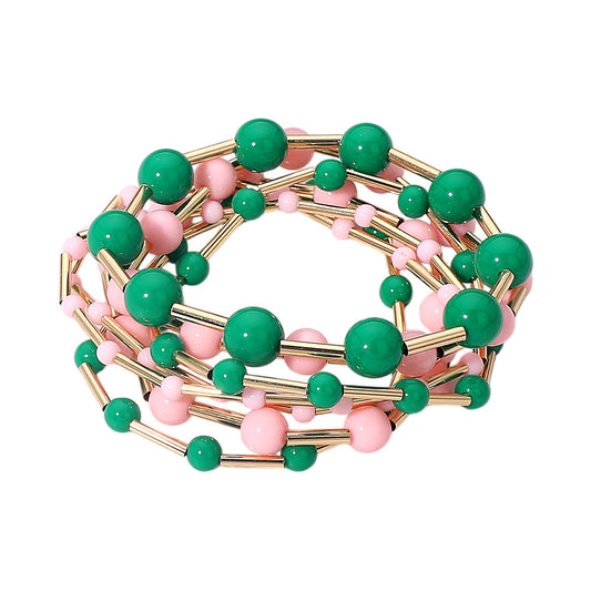7-Piece Resin Ball & Gold Metal Bar Stretch Stackable Bracelet Set – Green & Pink Beaded Layered Bracelets for Women
