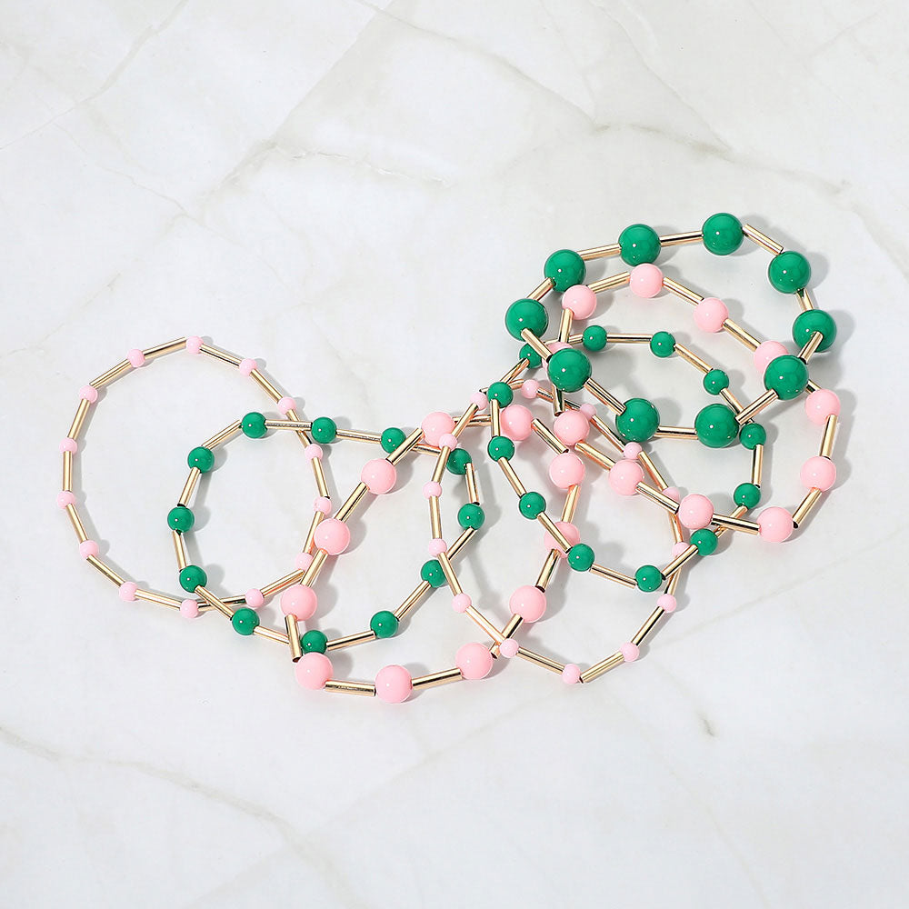 7pcs Resin Ball Metal Bar Beaded Stretch Stackable Multi-Layered Bracelets – Trendy Mixed Bead Bracelet Set for Women