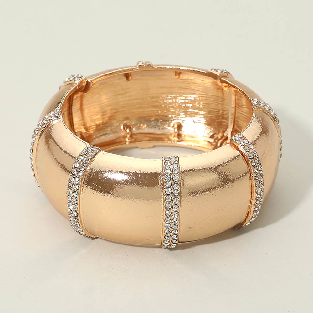 Rhinestone Pavé Line Wide Metal Stretch Bracelet – Wide Crystal Statement Stretch Bracelet for Women