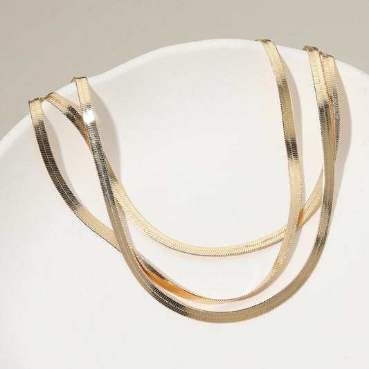 Gold Dipped Triple Layered Sleek Flat Snake Chain Necklace – Minimalist Layered Gold Chain Statement Necklace for Women