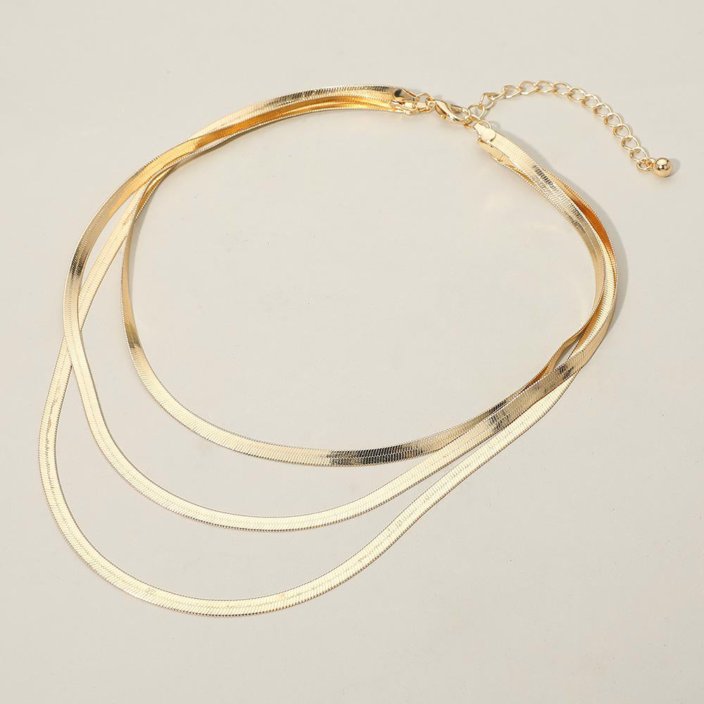 Gold Dipped Triple Layered Sleek Flat Snake Chain Necklace – Minimalist Layered Gold Chain Statement Necklace for Women