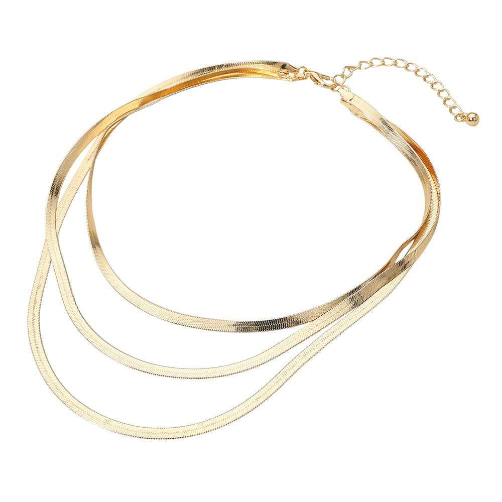 Gold Dipped Triple Layered Sleek Flat Snake Chain Necklace – Minimalist Layered Gold Chain Statement Necklace for Women