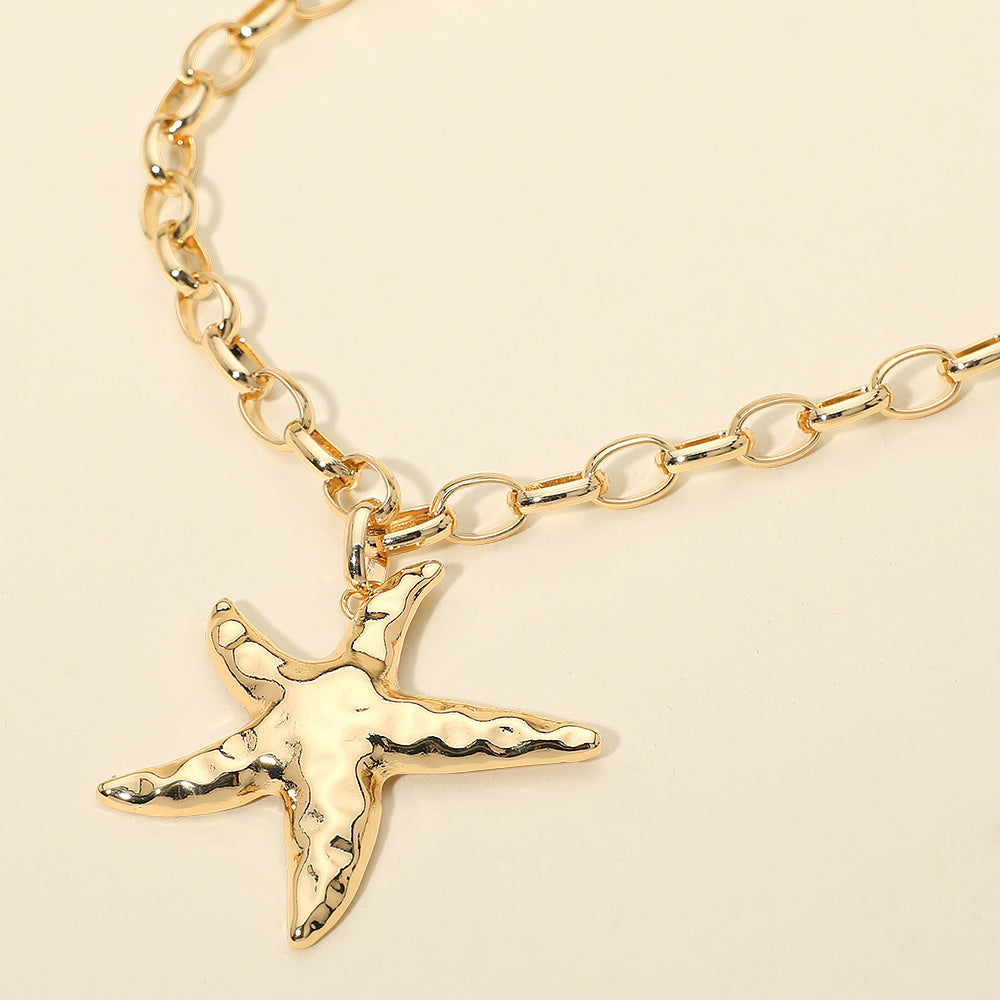 Hammered Metal Starfish Pendant Chunky Chain Necklace – Coastal Statement Starfish Necklace for Women