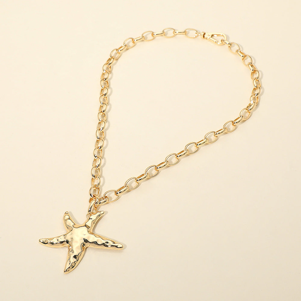 Hammered Metal Starfish Pendant Chunky Chain Necklace – Coastal Statement Starfish Necklace for Women