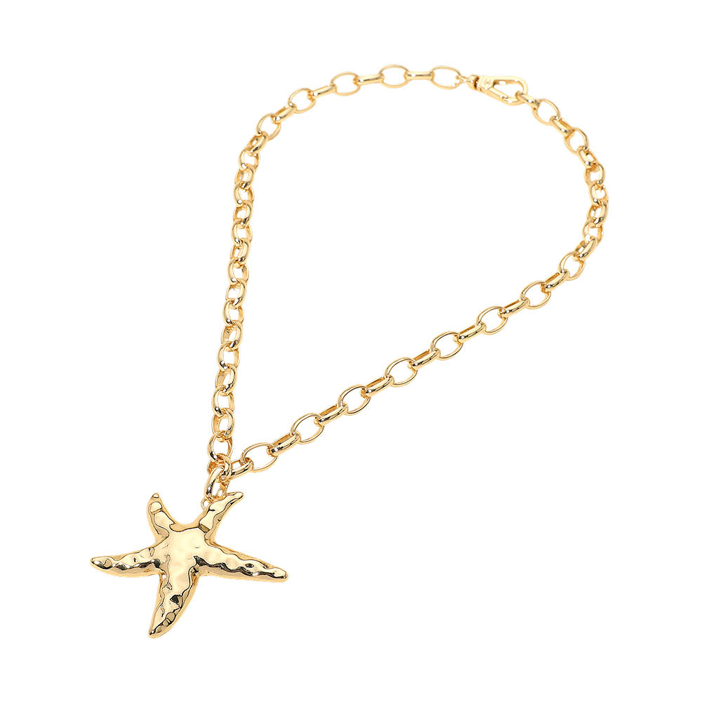 Hammered Metal Starfish Pendant Chunky Chain Necklace – Coastal Statement Starfish Necklace for Women