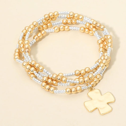 4pcs Brushed Hammered Metal Cross Plate Charm Accent Metal Ball Beaded Stretch Multi-Layered Bracelets – Religious Statement Bracelet Set for Women