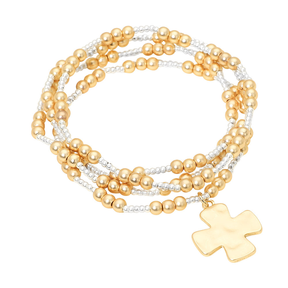4pcs Brushed Hammered Metal Cross Plate Charm Accent Metal Ball Beaded Stretch Multi-Layered Bracelets – Religious Statement Bracelet Set for Women