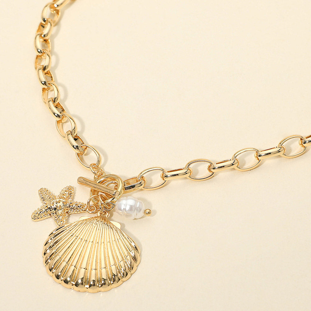 Seashell Starfish Pearl Charm Toggle Chunky Chain Necklace – Coastal Beach Statement Necklace for Women