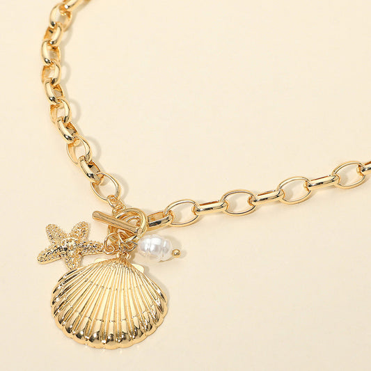Seashell Starfish Pearl Charm Toggle Chunky Chain Necklace – Coastal Beach Statement Necklace for Women