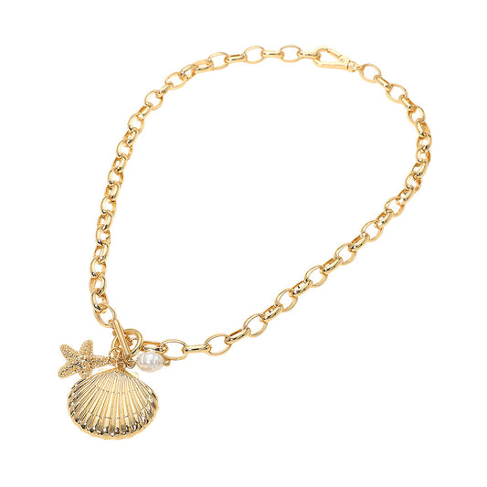 Seashell Starfish Pearl Charm Toggle Chunky Chain Necklace | 18" Gold Coastal Statement Necklace for Women