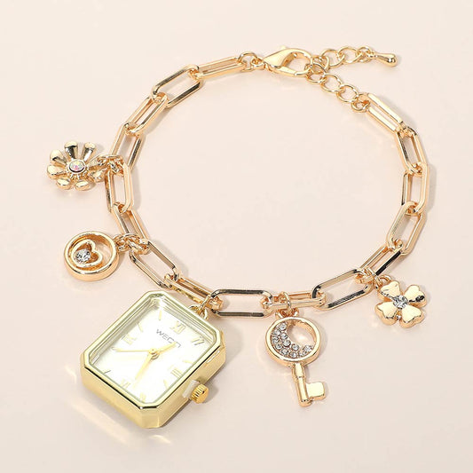 Flower Key Heart Charm Watch Bracelet – Elegant Floral & Love Charm Watch Bracelet for Women
