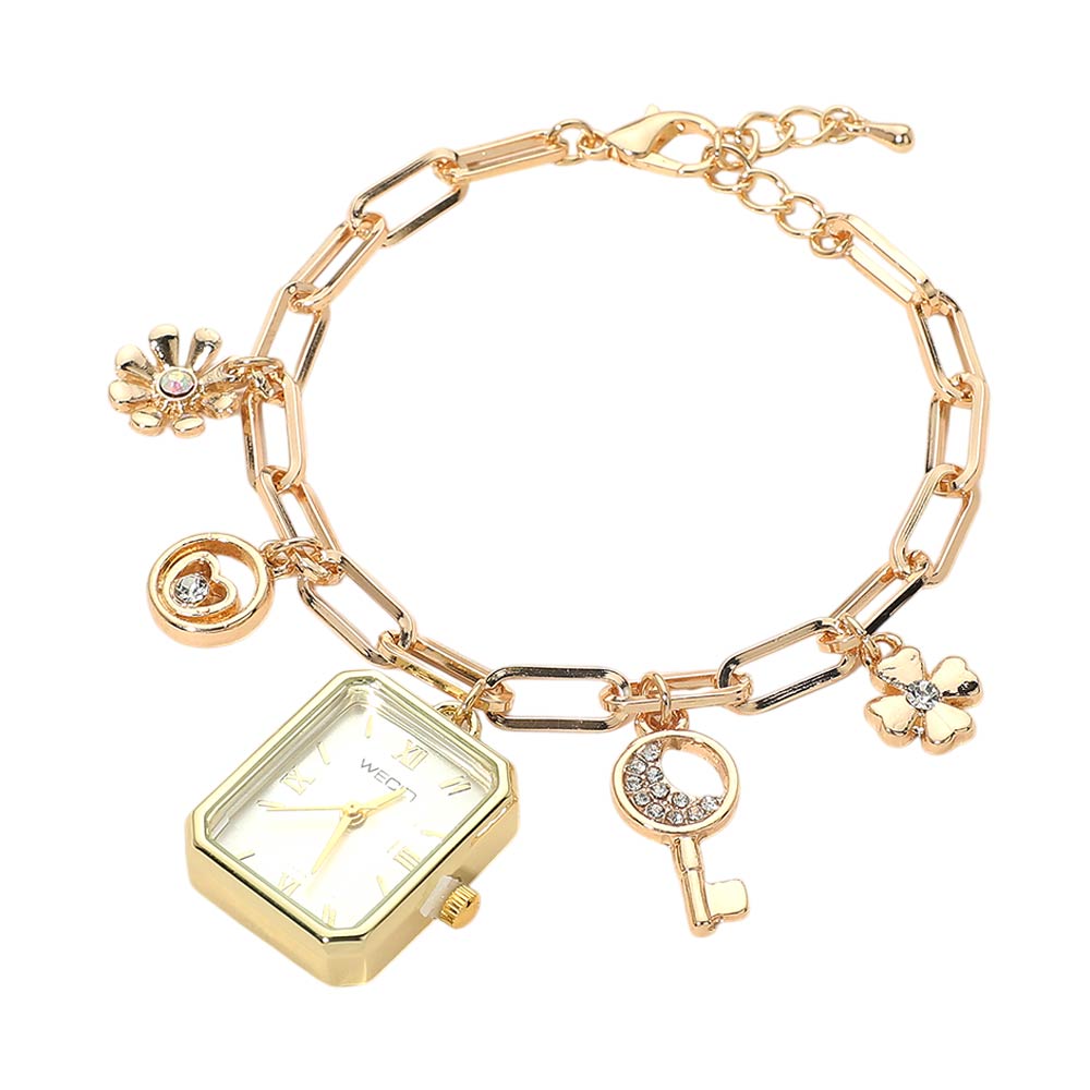 Flower Key Heart Charm Watch Bracelet – Elegant Floral & Love Charm Watch Bracelet for Women