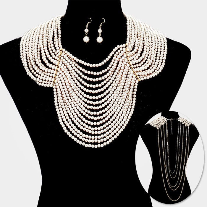Draped Multi-Strand Pearl Bib Necklace – Elegant Layered Cascading Pearl Statement Necklace for Women