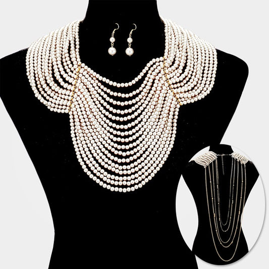Draped Multi-Strand Pearl Bib Necklace – Elegant Layered Cascading Pearl Statement Necklace for Women