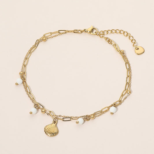 Stainless Steel Charm Pearl Layered Chain Anklet