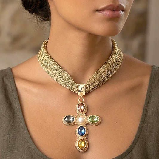 Pearl Center Cross Pendant Mesh Chain Statement Necklace
