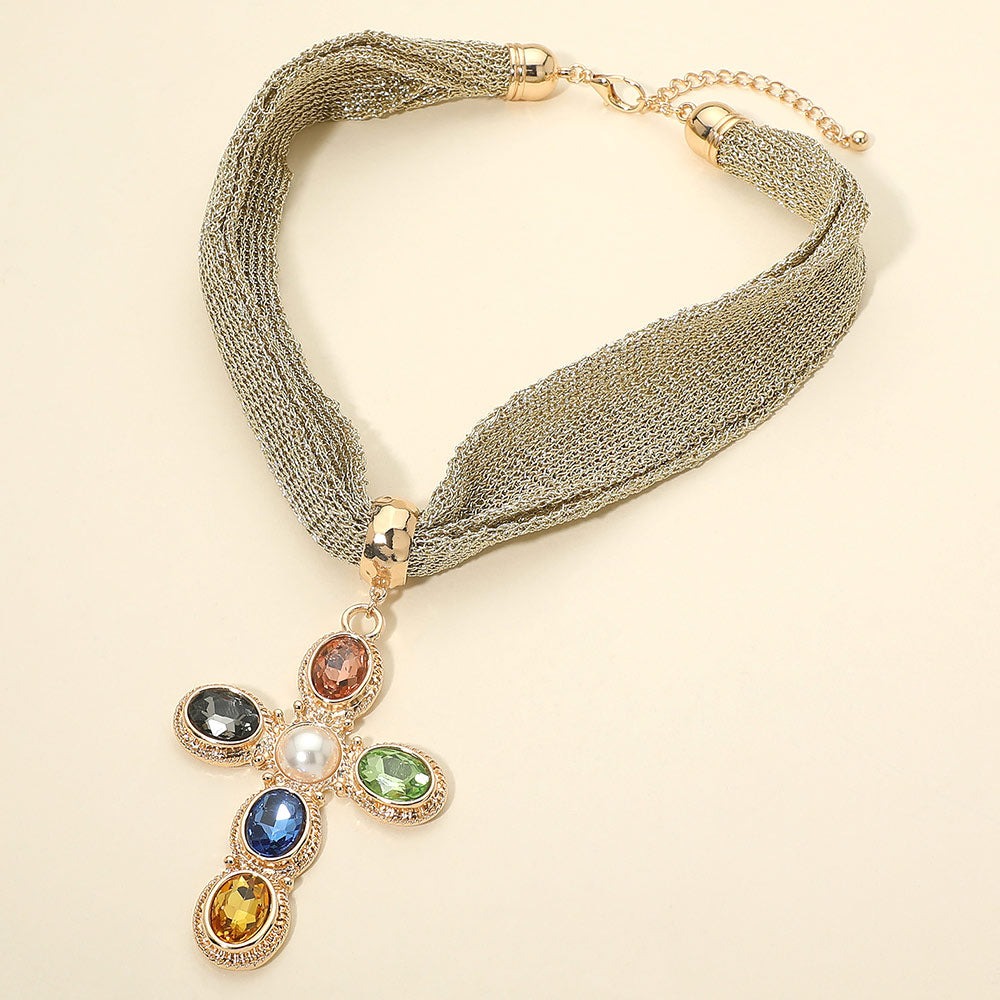 Pearl Center Oval Stone Embellished Cross Pendant Accent Mesh Chain Statement Necklace Elegant Faith Inspired Statement Necklace for Women
