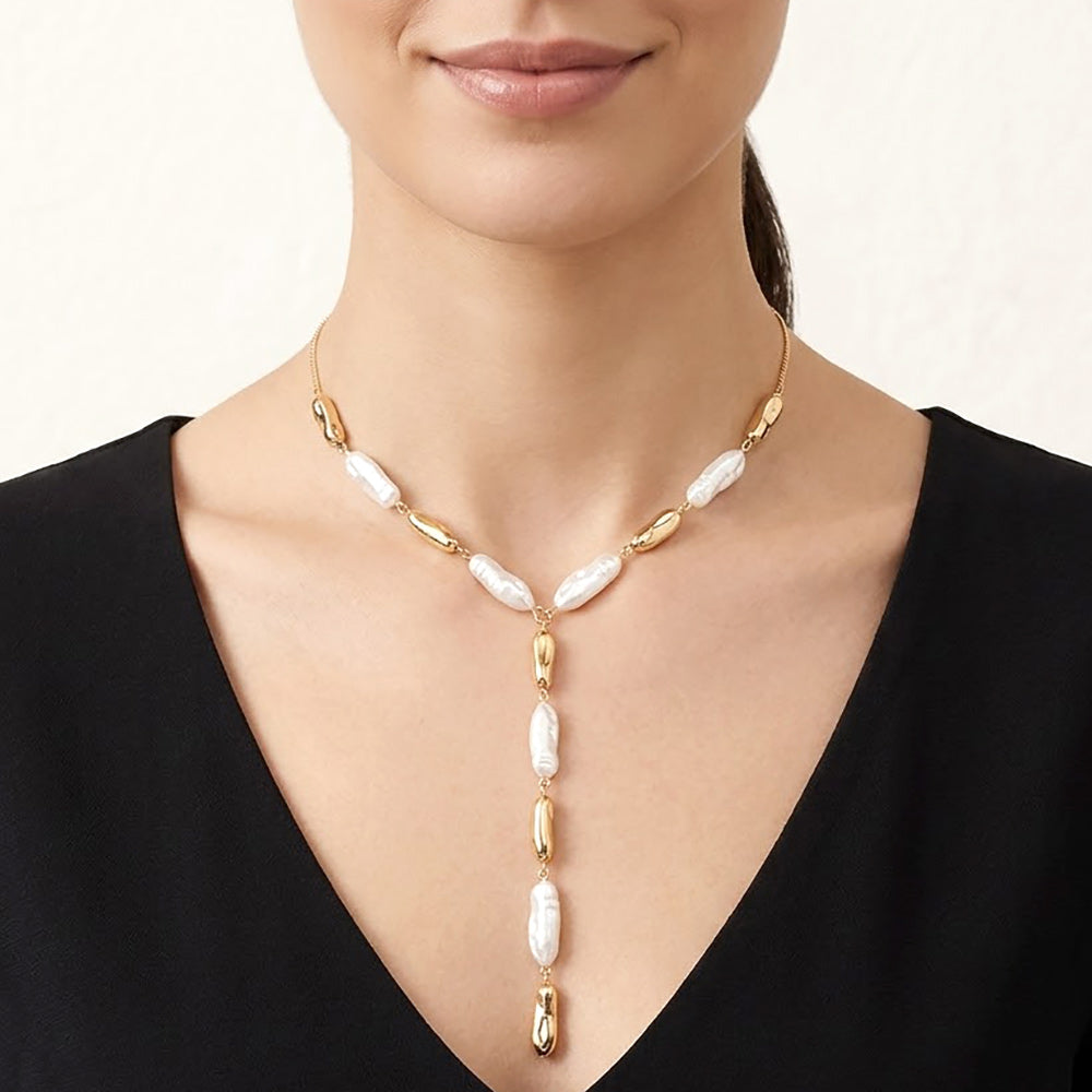 Hammered Pearl Metal Link Y Shape Necklace Elegant Pearl Drop Statement Necklace for Women