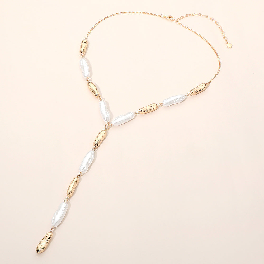 Hammered Pearl Metal Link Y Shape Necklace Elegant Pearl Drop Statement Necklace for Women