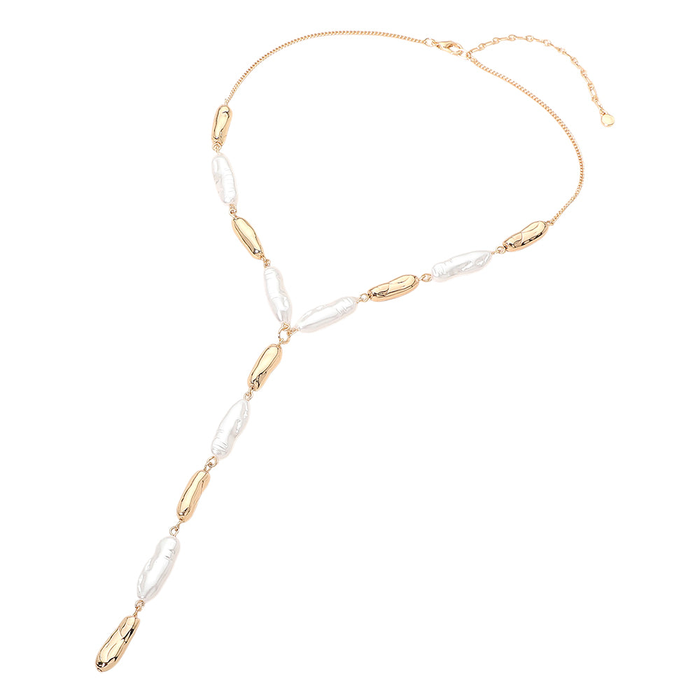 Hammered Pearl Metal Link Y Shape Necklace Elegant Pearl Drop Statement Necklace for Women
