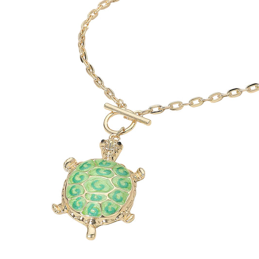 Sea Turtle Pendant Necklace | Green Enamel Gold-Tone Toggle Chain for Women