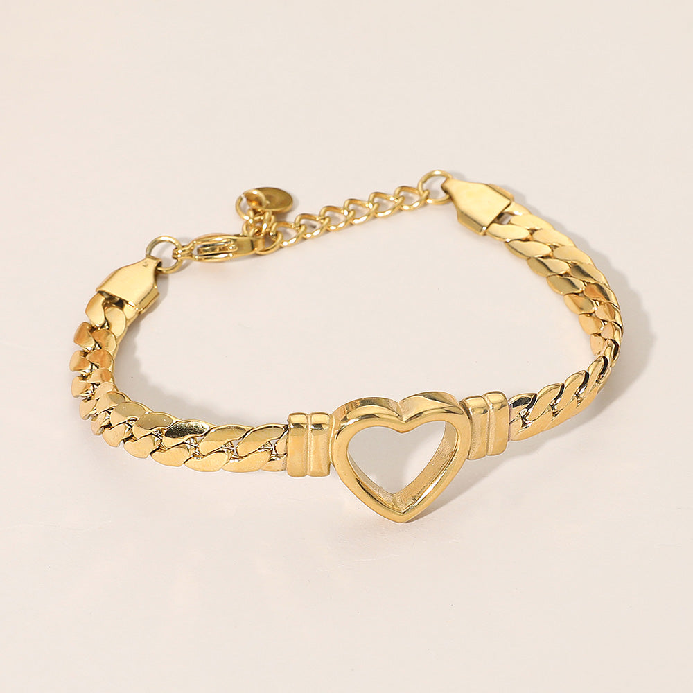 Secret Box Stainless Steel Open Heart Charm Accent Chain Bracelet Elegant Heart Link Bracelet for Women