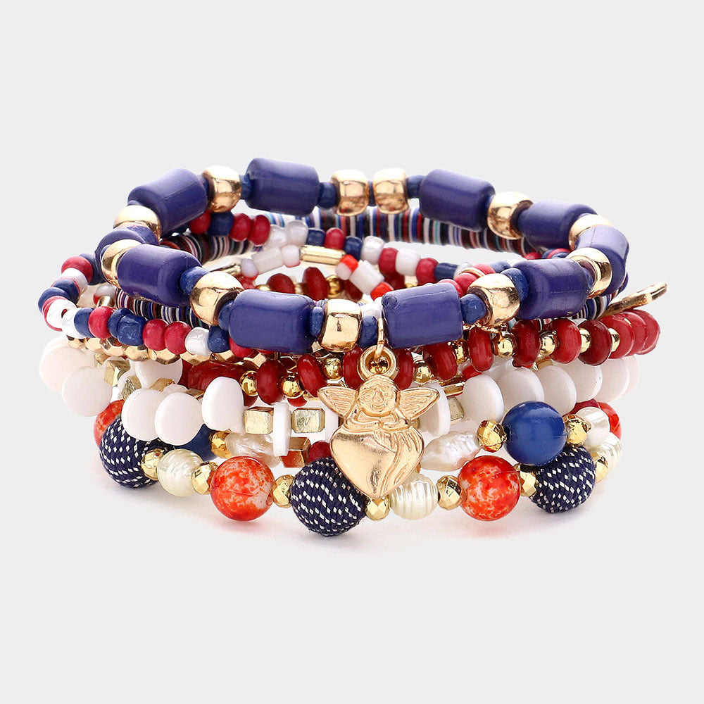 9pcs Shell Metal Evil Eye Heart Charm Beaded Stretch Multi Layered Bracelet Set Boho Stackable Bracelet Set for Women