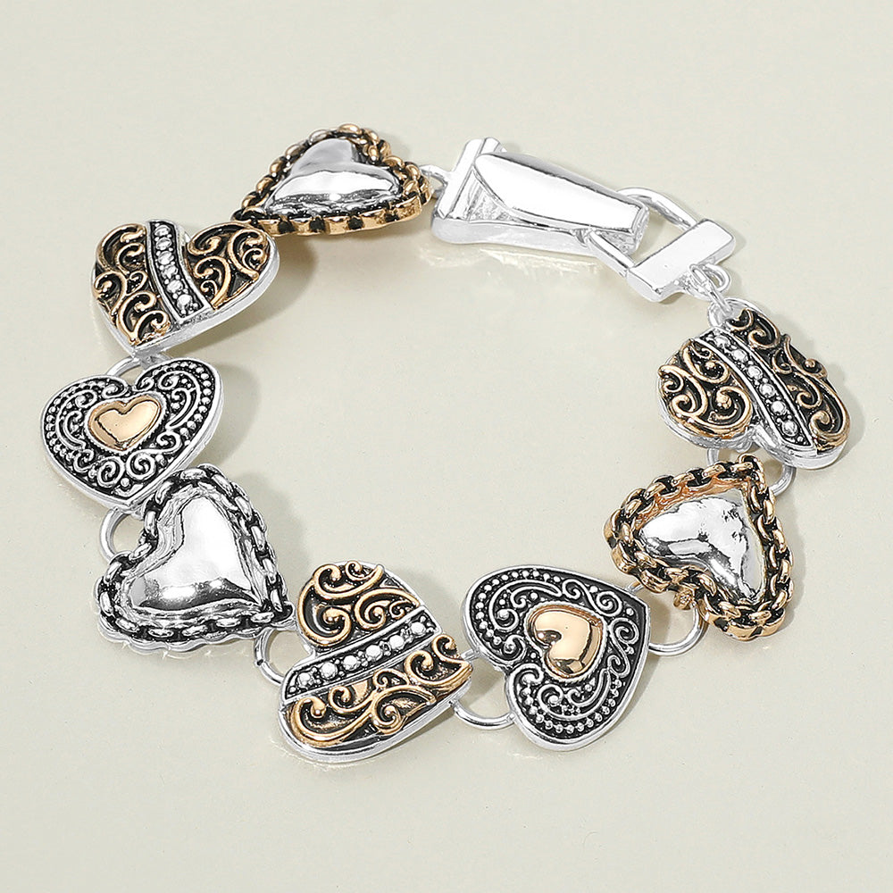 Antique Metal Heart Link Magnetic Bracelet Elegant Vintage Style Heart Charm Bracelet for Women