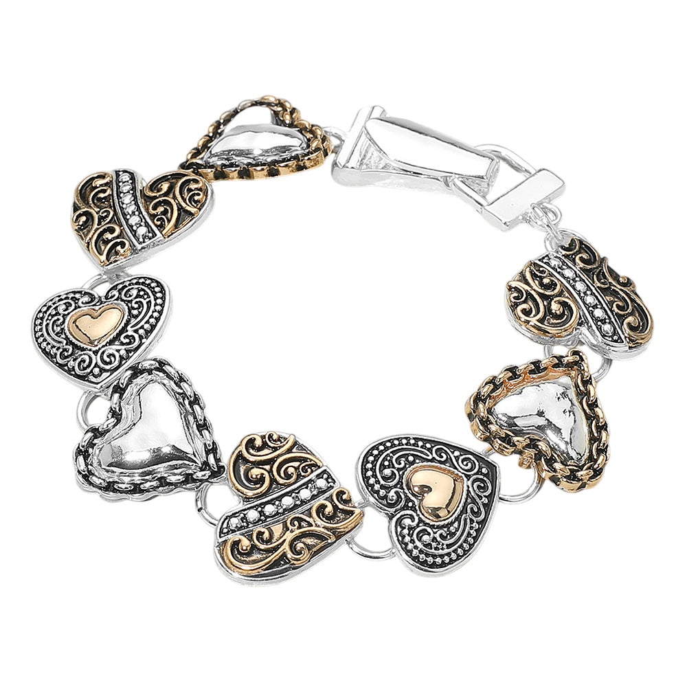 Antique Metal Heart Link Magnetic Bracelet Elegant Vintage Style Heart Charm Bracelet for Women