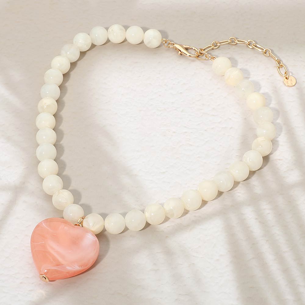 Chunky Marbled Resin Heart Charm Beaded Necklace Statement Heart Pendant Necklace for Women