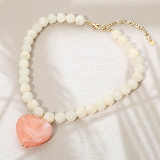 Chunky Marbled Resin Heart Charm Beaded Necklace