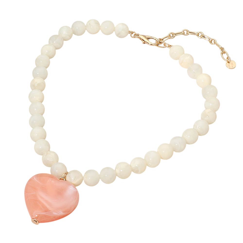 Chunky Marbled Resin Heart Charm Beaded Necklace Statement Heart Pendant Necklace for Women