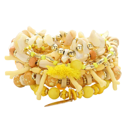 8pcs Boho Wood Bead Leaf Tassel Charm Bracelet Set