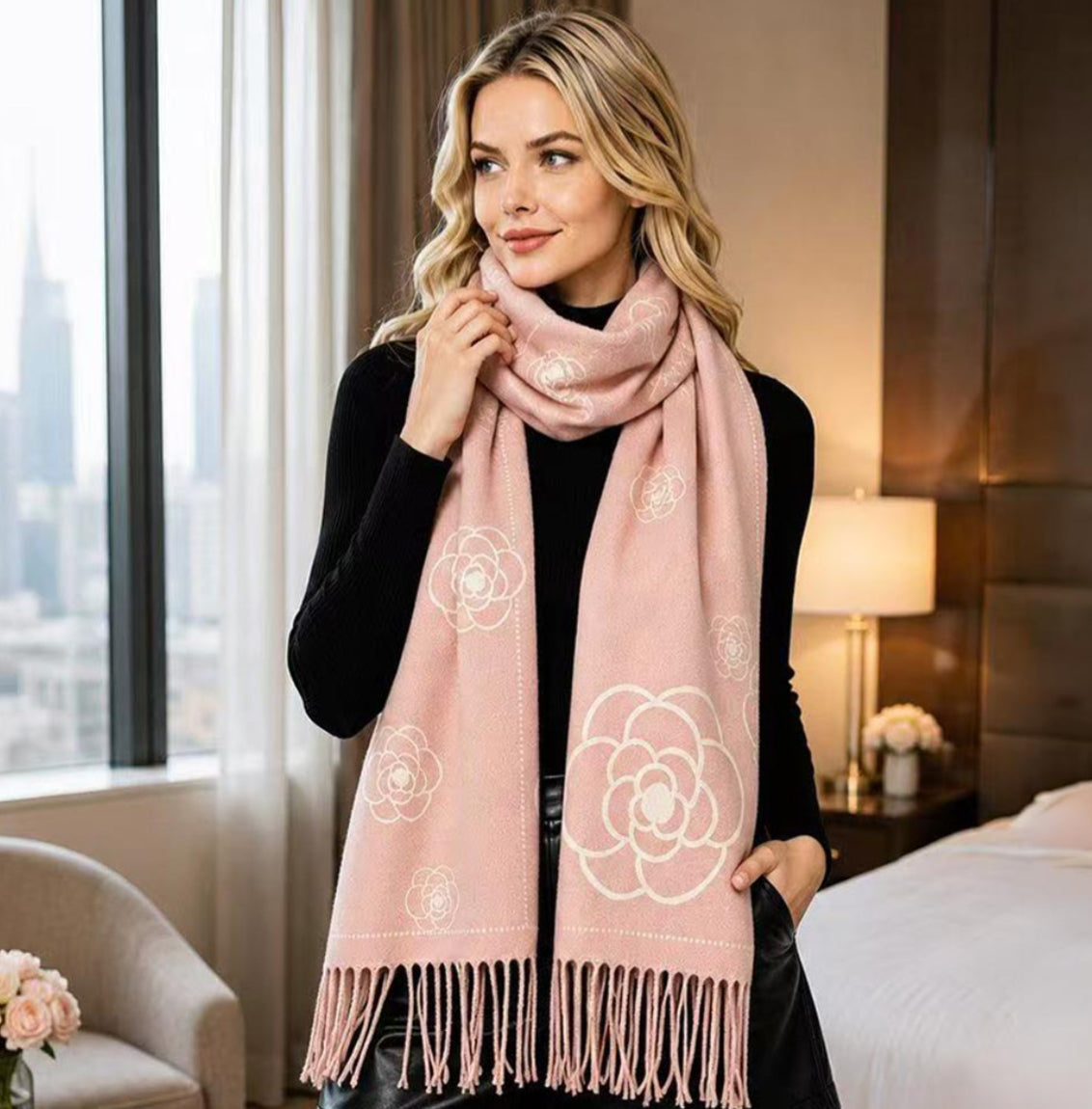 Pink Oversized Floral Fringe Scarf