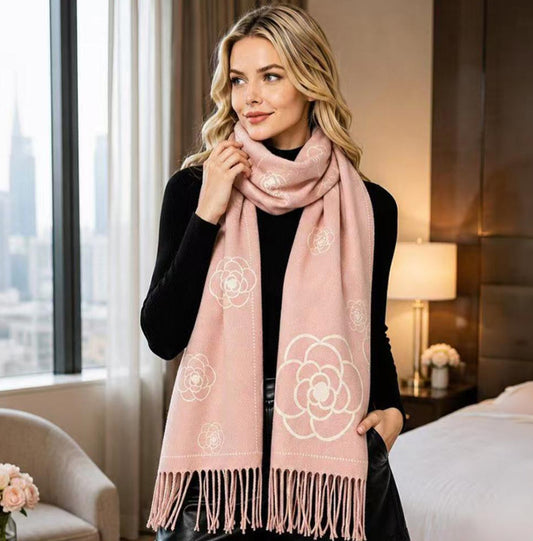 Pink Oversized Floral Fringe Scarf