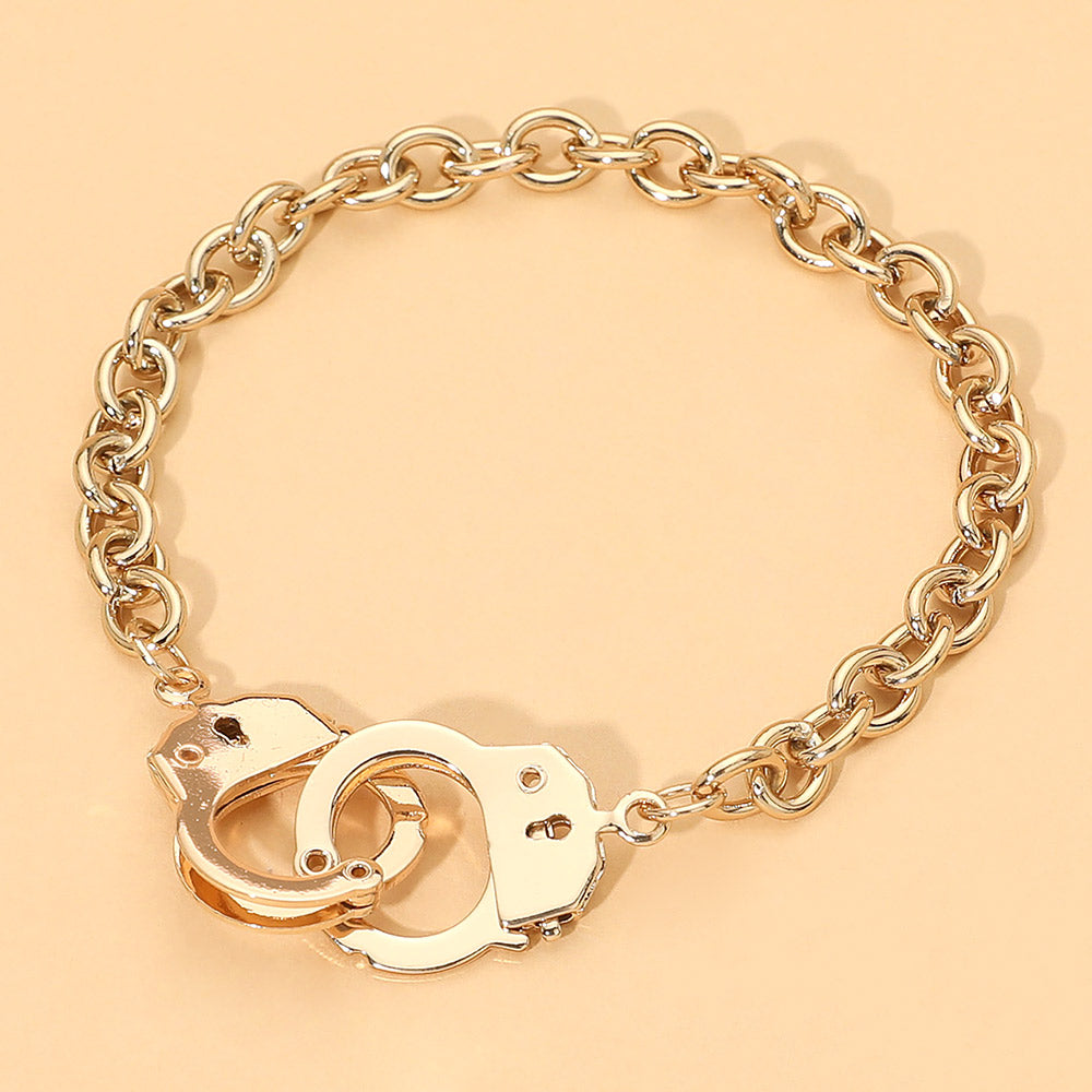 2pcs Gold Tone Metal Handcuff Link Bracelets Statement Chain Jewelry Set